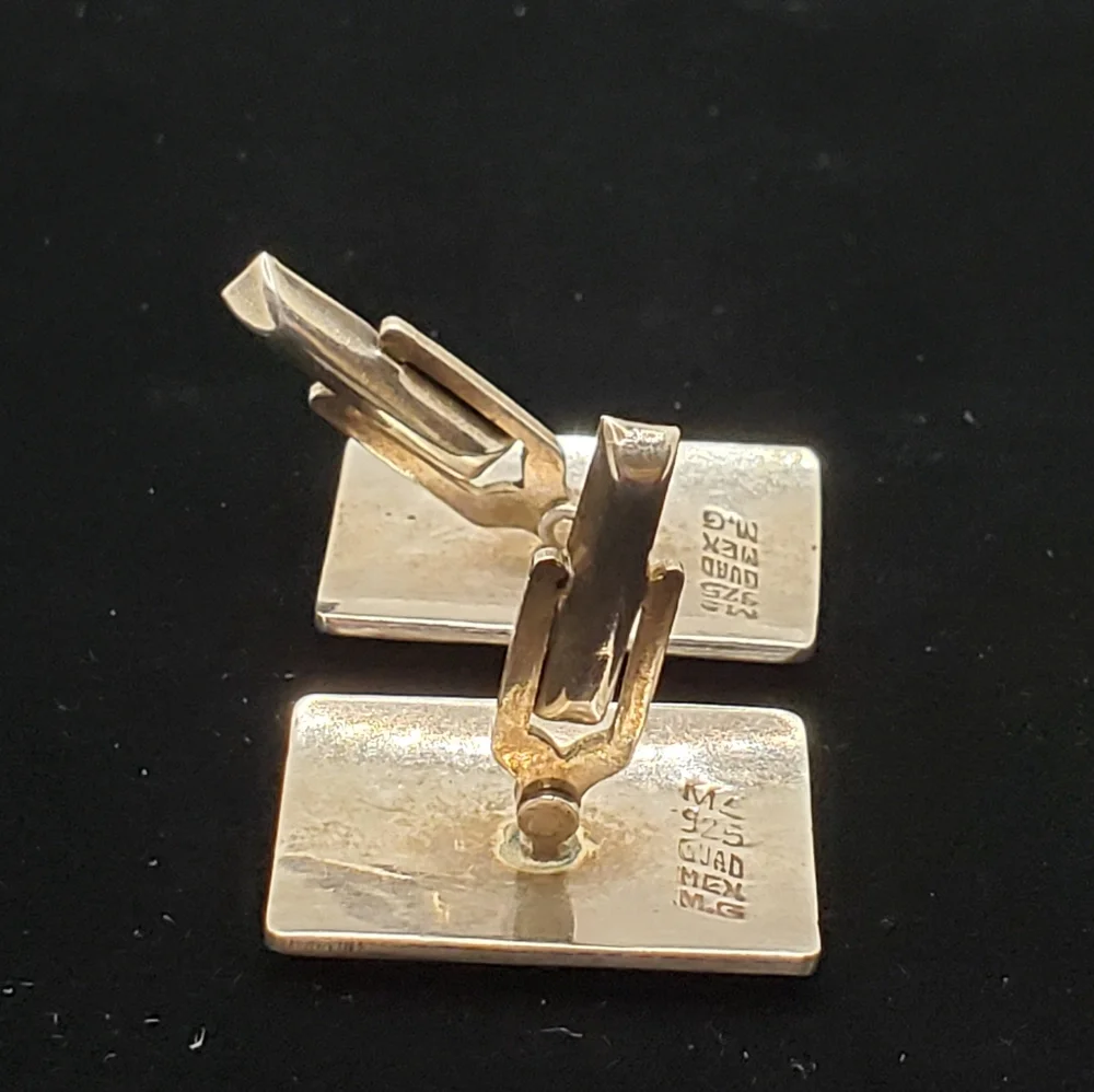 Vintage Signed Mexican Sterling Cufflinks Carved Oxidized Fancy Classic Large